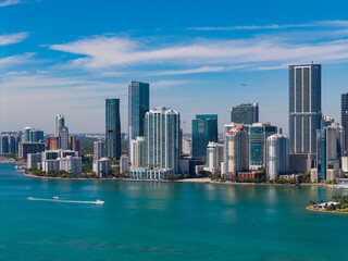 Obraz premium City downtown skyline. Aerial view of Miami. Aerial view of modern skyscraper in downtown Miami, Brickell Key. Skyline of Miami. Brickell city center. Modern city building and skyscraper