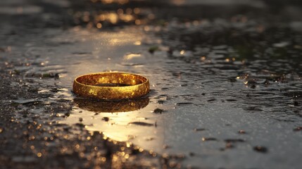 Golden Ring on Wet Surface with Reflections and Rain Drops