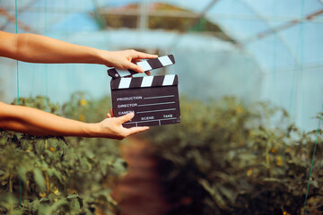 Person Holding a Film Clapper in a Vegetable Greenhouse. Crew filming a documentary about healthy and organic foods
