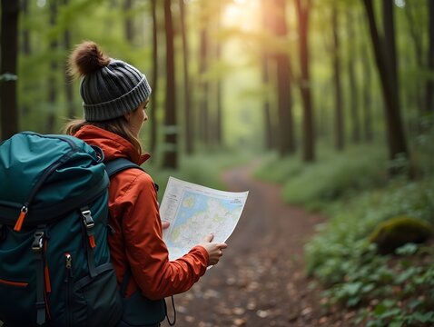 Woman Backpacker Hiking with Map in Forest Nature Adventure Exploration Outdoors