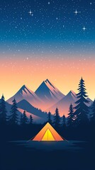 A serene camping scene at dusk, featuring a glowing tent surrounded by majestic mountains and a star-filled sky, ideal for nature enthusiasts.