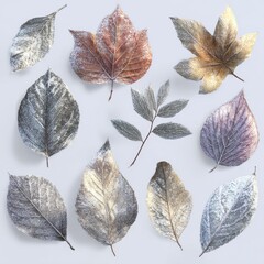 Frosted Leaves Collection on Soft Background, Capturing Nature’s Beauty in Intricate Detail and Textures for Autumn Decor