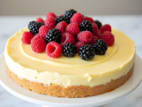 Creamy lemon tart topped with fresh raspberries and blackberries, presented on a cake stand.