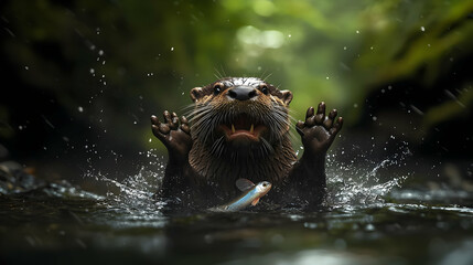 Otter Catching Fish In Forest Stream