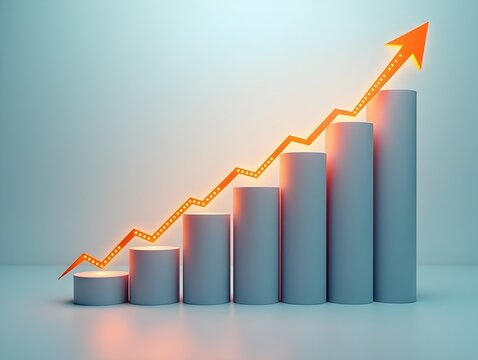Modern business growth concept with upward arrows and a rising bar graph design