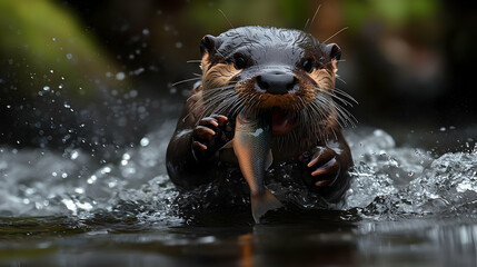 Otter Hunting Fish In Water