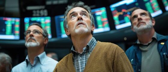 Three men, possibly brokers, attentively watch stock market data displayed on numerous screens in a bustling trading floor environment