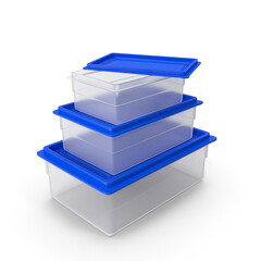 Stack of Transparent Plastic Storage Containers with Blue Lids Isolated on Transparent Background
