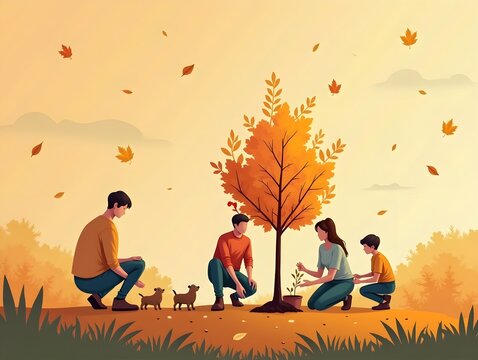 happy family on the autumn sunset