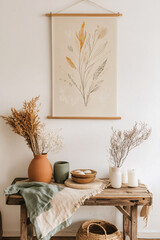 Boho Rustic Interior with Dried Flowers, Ceramic Vases, Candles, and Botanical Wall Art on Wooden Table Against White Wall
