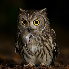 Fototapeta premium Yellow-Eyed Owl with Mouse in Sharp Beak