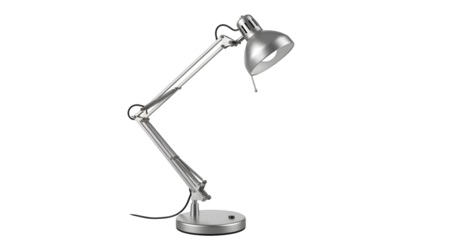 Silver Desk Lamp With Adjustable Arm Isolated On Transparent Black Background
