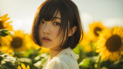 ひまわり畑の背景と美女のポートレート
