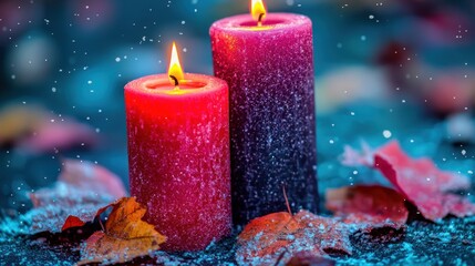 Two frosted candles, red and purple, burn brightly amidst fallen autumn leaves dusted with snow.  The background is a blurred teal, enhancing the festive mood