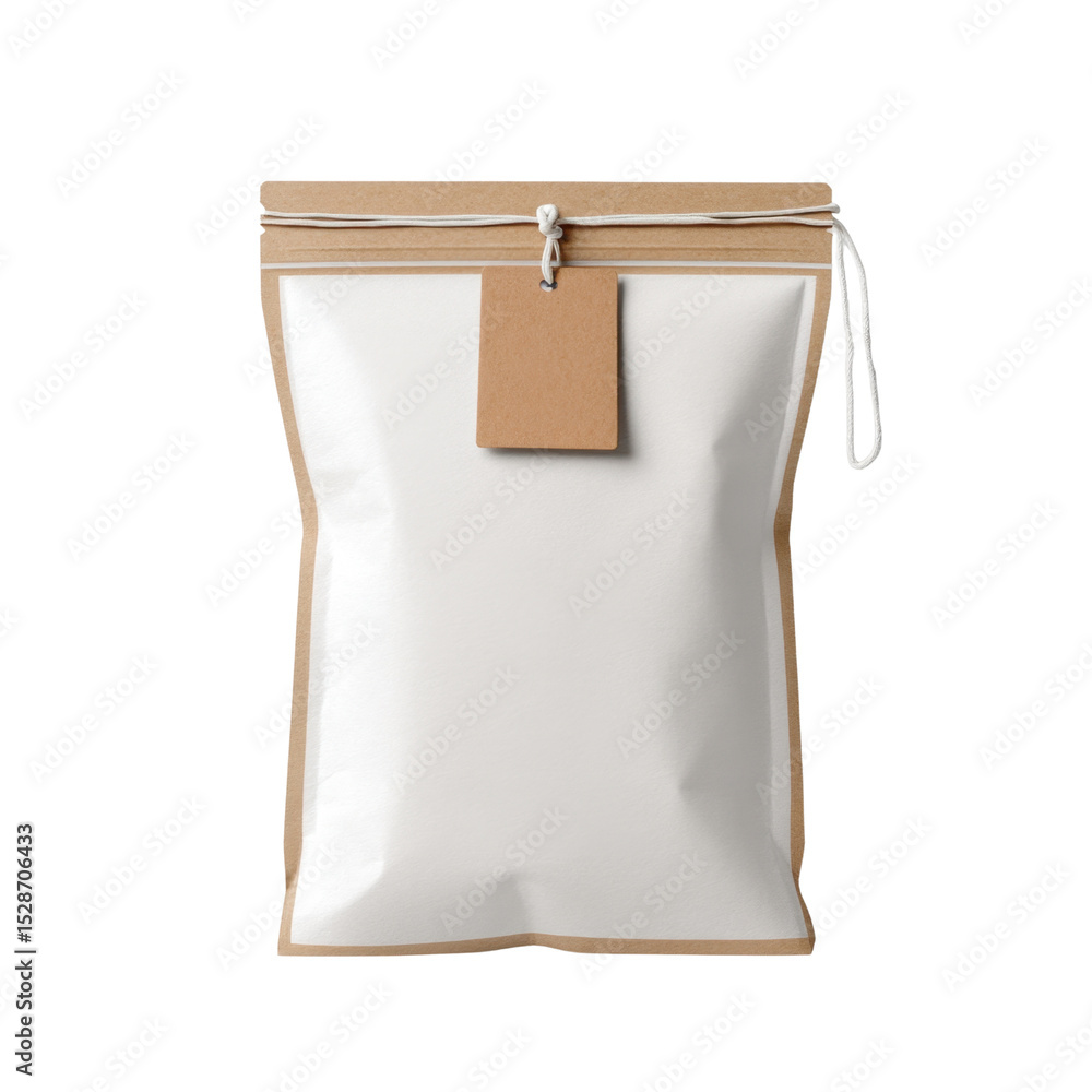 Poster simple white packaging bag with brown label and twine string for food or product storage in minimali