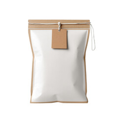 Simple White Packaging Bag with Brown Label and Twine String for Food or Product Storage in Minimalist Style Transparent background or png