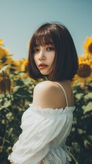 ひまわり畑の背景と美女のポートレート