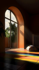 Sunlight streams into a room with a large arched window, illuminating a colorful rug and a decorative pillow.  Tropical greenery visible through the window