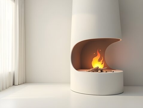 A white cylindrical fireplace breaks the monotony of a neutralcolored room its curved shape and minimalistic design making it a statement piece. The fire burns like 2d flat cartoon