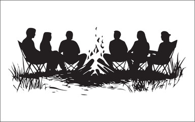 Mountain Camping Silhouette Scene Hiker, Tent, and Pine Trees Vector Art