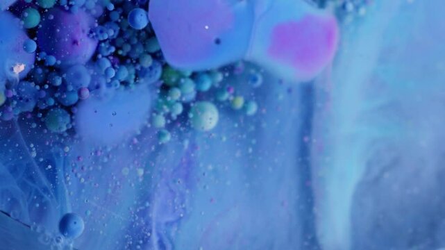 Gel blob. Acryl bubble. Blue stream spinning foam oil circle emulsion texture. Colorful ink drops in water abstract smoke background.