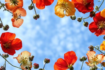 Obraz premium Vibrant orange and yellow flowers create a frame against a bright, partly cloudy blue sky, viewed from below