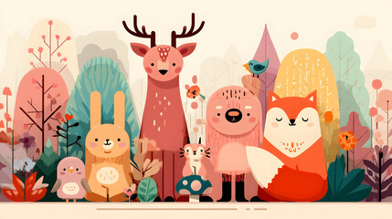 Obraz premium Cute Forest Animals Cartoon Flat Illustration