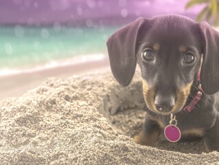 Adorable dachshund puppy on a sandy beach