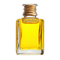 Clear Glass Bottle with Yellow Liquid Essence Inside Captured From Side Angle on White Background Transparent background or png