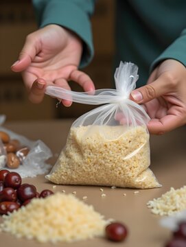 Close up of hands carefully tying up bag filled rice and dates preparing for Ramadan food donation amidst stacks of supplies. highlights spirit of sharing and community support