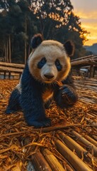 Adorable panda eating bamboo at sunset