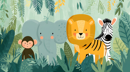 Cute Jungle animals cartoon flat Illustration