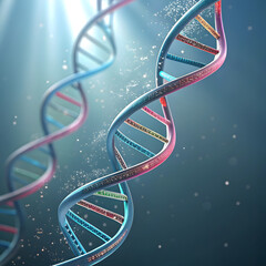 Title: Glowing DNA Double Helix with Floating Molecular Particles, Advanced Genetics and Biotechnology Concept
