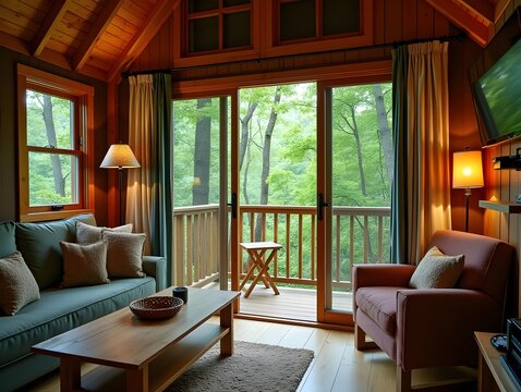 Cozy tree house interior with balcony overlooking lush green forest