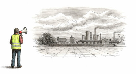 Obraz premium Worker in safety vest using megaphone against industrial landscape 