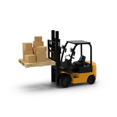 Forklift Lifting Mixed Size Cardboard Boxes on Wooden Pallet Isolated on Transparent Background
