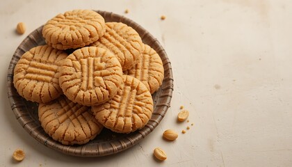 Stack of Delicious Homemade Peanut Butter Cookies with Fork Marks on a Rustic Plate - Classic Baked Good Snack