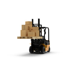 Forklift Lifting Mixed Size Cardboard Boxes on Wooden Pallet Isolated on Transparent Background
