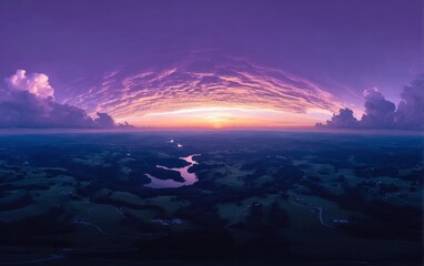 Aerial panorama of a sunset over rolling hills and a lake