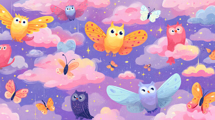 Cute magical flying animals cartoon flat Illustration