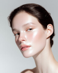 Obraz premium Beautiful young woman with clean perfect skin. Portrait of beauty skincare model with natural make up