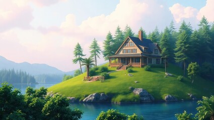 Fototapeta premium Stunning Lakeside Cabin, Vibrant Nature, Scenic View