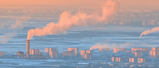 Aerial view of a city at dawn, smoke billowing from industrial chimneys