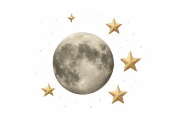 Realistic full moon surrounded by five shiny golden stars on a transparent background, perfect for space-themed projects