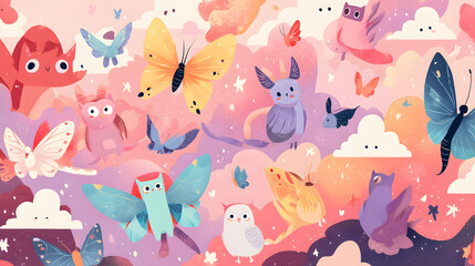 Cute magical flying animals cartoon flat Illustration