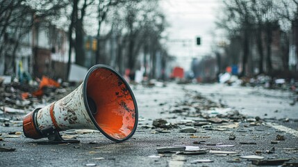 Abandoned megaphone on debris-strewn street after a protest or disaster.