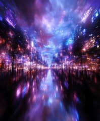 A vibrant abstract landscape of shimmering lights and reflections