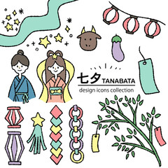 七夕の手描きアイコン素材｜天の川・織姫・彦星のイラストセット	