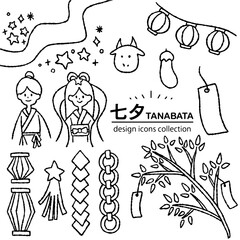 七夕の手描きアイコン素材｜天の川・織姫・彦星のイラストセット	