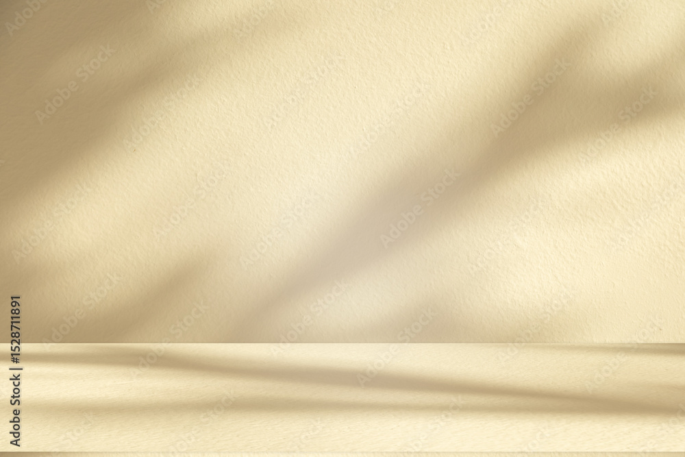 Poster Wall interior background, studio and backdrops show products. with leaf shadow from window color beige and white. background for text insertion and presentation of product